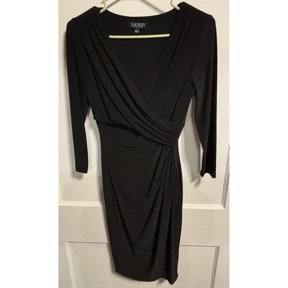 Ralph Lauren Waterfall Sheath Dress Gorgeous Black 3/4 Sleeve Lined SZ 4